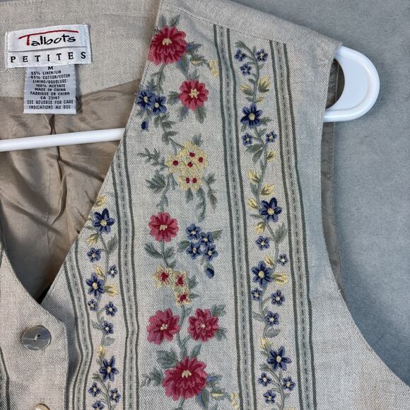Vintage Talbots Petites Vest Women M Linen Cotton Floral Embroidered Cottagecore - Picture 7 of 10